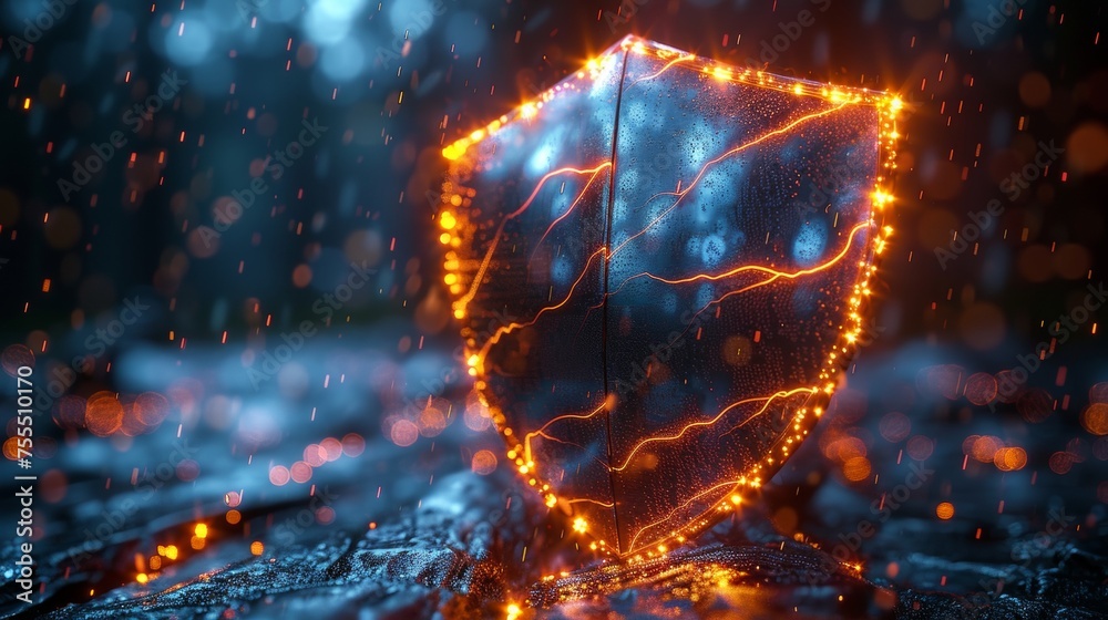 Poster modern illustration of a futuristic shield with lightning on a dark background. sparks strike the do