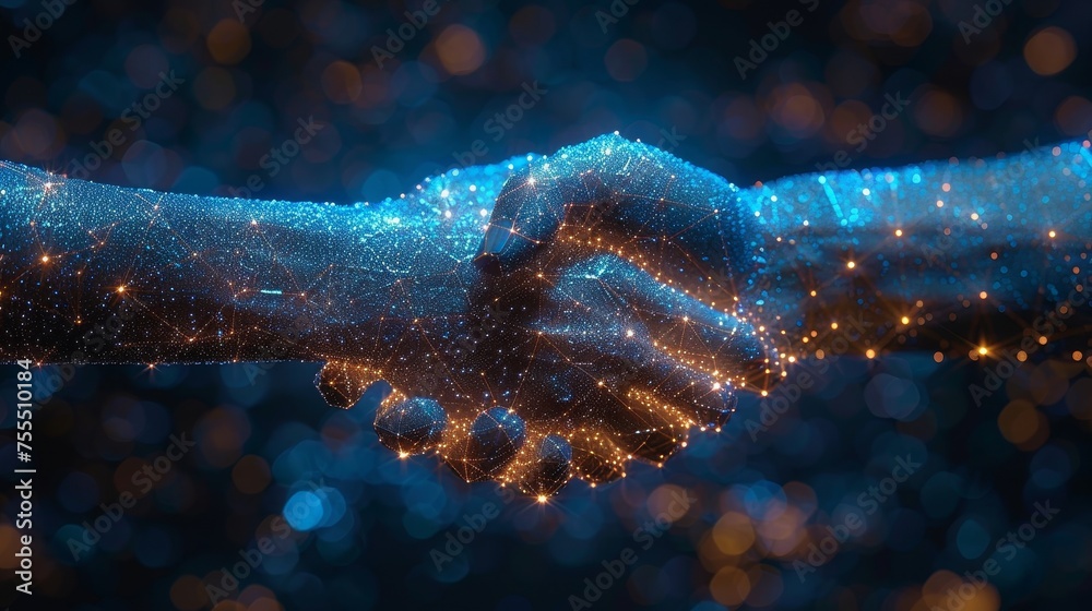 Poster Image of two hands touching each other in the form of a starry sky. Plexus lines and points in silhouette. Symbol of innovation or the future. Particles are connected in a geometric silhouette.