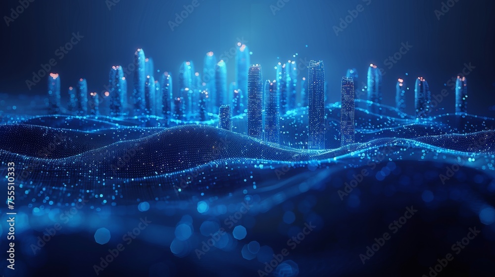 Leinwandbilder Wireframe of the City of the Abstract. Smart city concept and flow binary code. Particles are connected across a geometric silhouette to create the City of the Abstract.