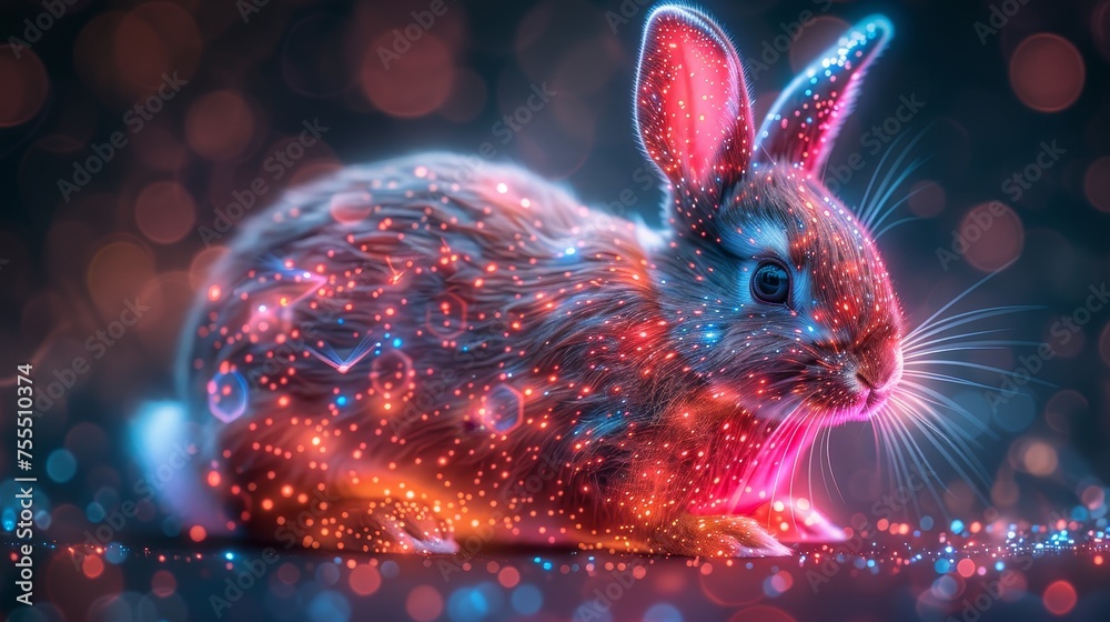 Poster an easter egg and bunny silhouetted in a digital tech style. illustration of a greeting card with li