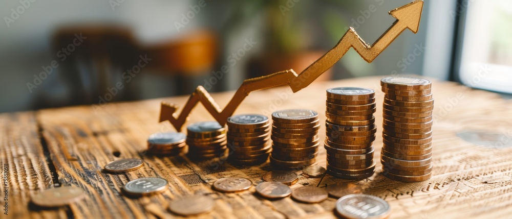 Aufkleber on a graph, a businessman holds coins and points up the arrow pointing up on a future growth strateg