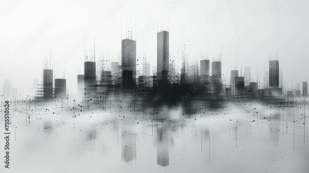 Poster City hi-tech abstract or metropolis. Intelligent building automation business concept. Low polygonal space with connected dots and lines. Modern image.