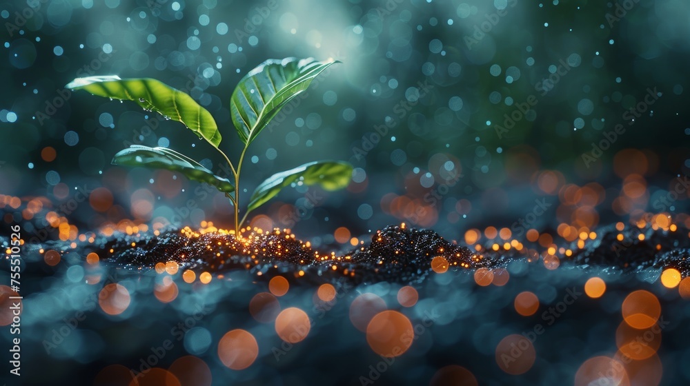 Poster abstract illustration of a seedling or sprout. low poly wireframe. particles are connected in a geom