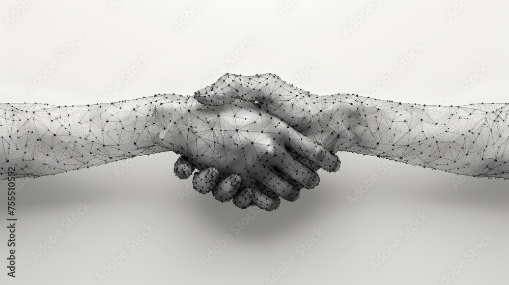 Aufkleber An abstract illustration of hands clasped in a handshake. Low poly wireframe illustration. Geometric hands gestures. Business symbol. Plexus lines and points in silhouette. Stunning 3D illustration.