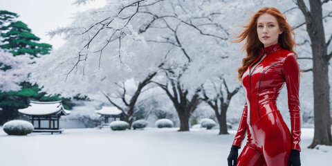 Strong real BDSM adult caucasian red hair mistress wearing and poses in fetish red erotic latex rubber catsuit in japan winter frozen snowy garden