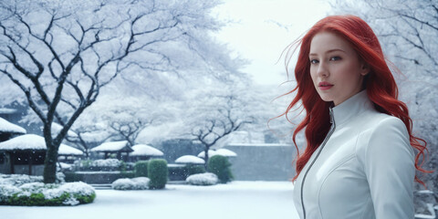 Strong real BDSM adult caucasian red hair mistress wearing and poses in fetish white erotic latex rubber catsuit in japan winter frozen snowy garden