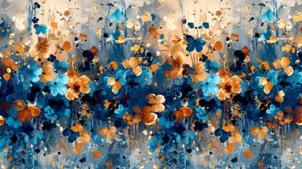 Fototapeten The background is an abstract artistic background with retro, nostalgic, golden brushstrokes. The texture is vibrant. Oil on canvas. Contemporary art. Foliage, blue, grey, wallpaper, poster, card, © Zaleman