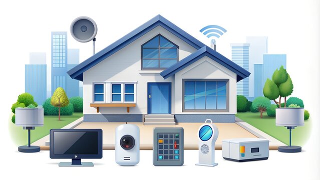 colorful illustration of a smart home with various appliances controlled by a smartphone app, machine, refrigerator, thermostat,  light bulb, and a robotic vacuum cleaner