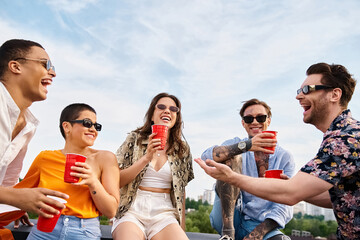 joyous good looking diverse friends in vibrant attires spending time together at rooftop party