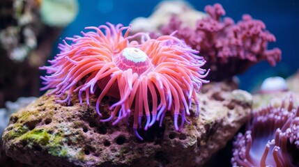 Naklejka na ściany i meble Vibrant tropical sea anemone in deep coral reef where colorful marine life thrives harmoniously.