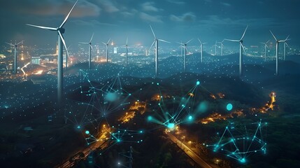 A futuristic cityscape with many wind turbines