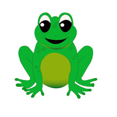 Grenouille verte de face, souriante, avec de grands yeux et grands cils noirs, sur fond blanc	