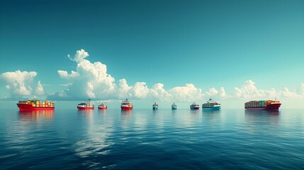 A group of boats are floating in the ocean