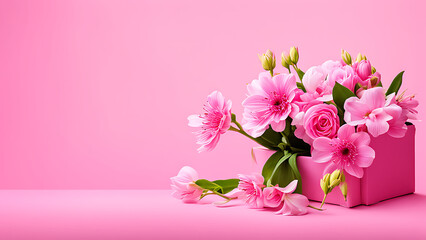 Naklejka na ściany i meble pink gift box with flowers. copy space