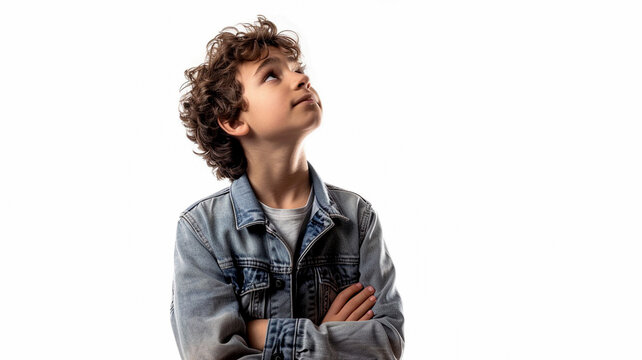 a boy in casual clothes poses in contemplation isolated on white background