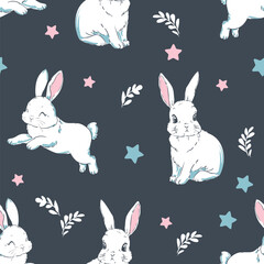 Cute rabbits and flower background vector seamless pattern 