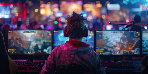 Obraz premium Gamer at a competitive gaming event with multiple screens