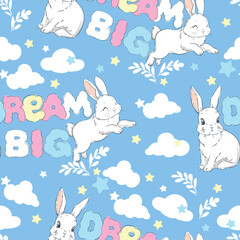 Hand Drawn Cute Bunny Pattern Vector, print design rabbit background, print textile Sweet design kids pajamas