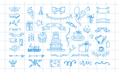 Birthday doodle set. Hand-drawn vector Happy Birthday sketches on the background of a checkered notebook sheet. Envelope, cake, balloon, ice cream, flags, hearts, labels, ribbons, blue contour icons.