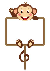 Cute monkey waving hanging a blank signboard - 755512185