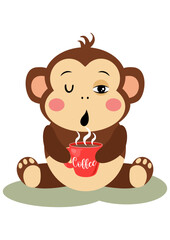 Cute monkey drinking a hot coffee