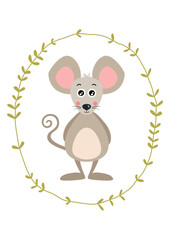 Obraz na płótnie Canvas Cute mouse inside an oval leaves border