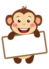 Cute monkey with a blank signboard