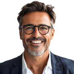Happy smiling middle aged business man isolated on transparent background.