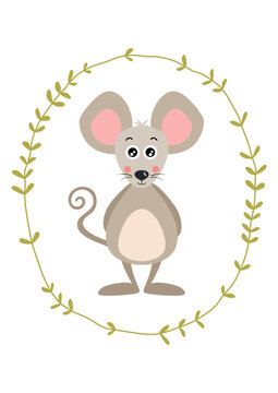 Cute mouse inside an oval leaves border