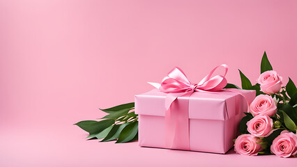 pink gift box with flowers. copy space