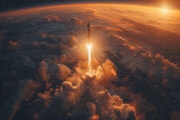 startup idea, firing a rocket from a laptop Launching into space, the space launch system lifts off into the night sky. Digital depiction of a laptop and space rocket shuttle taking off while emitting