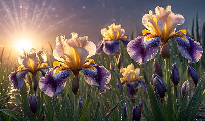 bright iris flowers in dew drops on sunrise background