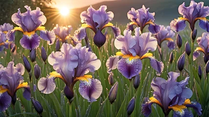 Schilderijen op glas bright iris flowers in dew drops on sunrise background © Oleksii