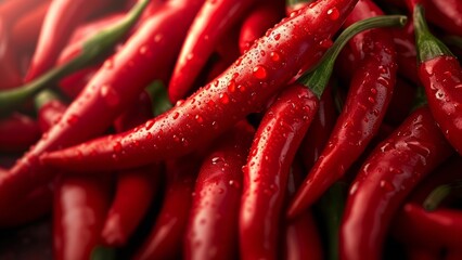 Fresh Red Chili Peppers with Water Droplets Close-Up - Vibrant and Spicy