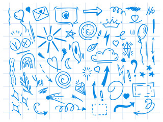 Simple sketch line style elements. Doodle cute ink pen line elements isolated on background of checkered notebook sheet. Doodle arrow, heart, star, decoration symbol, blue icon set. Vector 