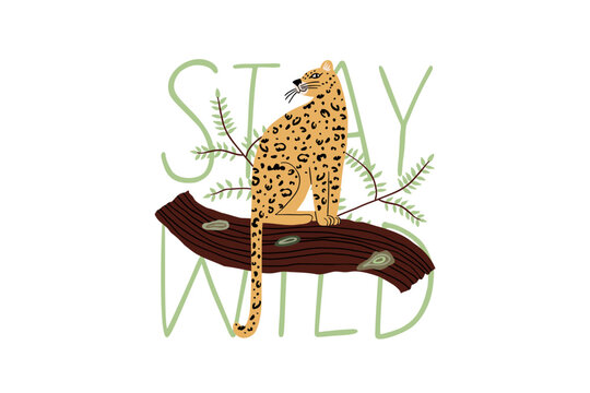 A wild leopard sits on a branch. Jungle, wild animals. Vector illustration in flat style.