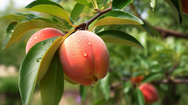 Close up macro photography of a ripe peach on a tree branch with a beautiful garden background