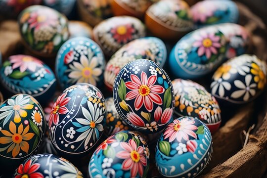 Colorful Hand-Painted Easter Eggs in Decorative Arrangement
