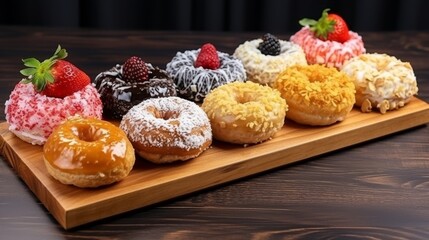 Assorted fresh fruit topped donuts on wooden board in trendy modern cafe setting