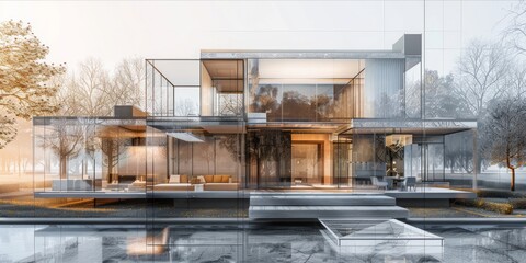 Transparent architectural rendering of a modern house. - obrazy, fototapety, plakaty
