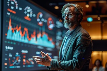 Fototapeta premium A professional presents market trends with digital diagrams, conveying insight and expertise on economic projections