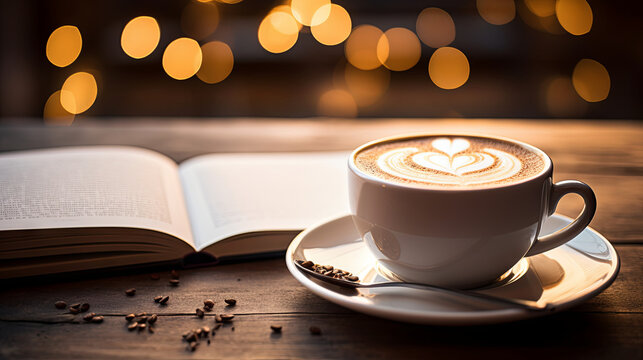 A cup of fragrant cappuccino with foam next to an open book on a bokeh background. The concept of coziness and autumn mood