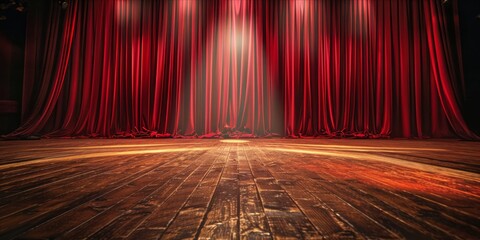 Empty theater stage with red curtains and spotlight.