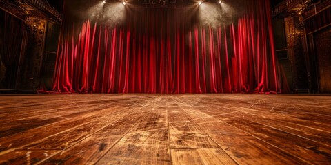 Empty theater stage with red curtains and spotlight.