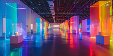 Modern exhibition hall with colorful geometric displays. - obrazy, fototapety, plakaty