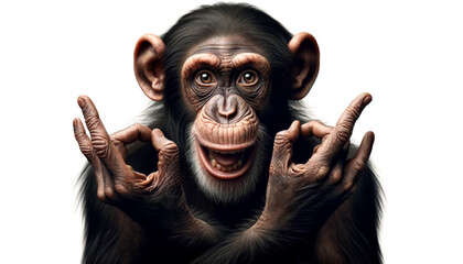 close-up of a chimpanzee with an amusing facial expression and gesturing with its hands up. Chimpanzee Gesturing with Hands mimicking rock salute symbol, Humorous Expression