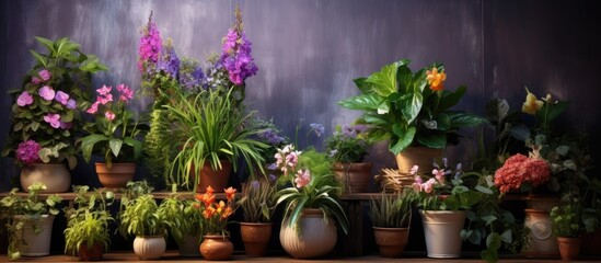 Fototapeta na wymiar A collection of potted plants arranged neatly on a shelf, showcasing various types of greenery and colorful flowers. The indoor plants add a touch of nature and decoration to the room, creating a