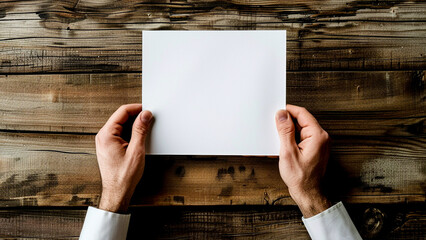 First-person view holding a blank sheet of white paper above a wooden desk.