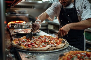 A chef in a professional kitchen meticulously adds toppings to a freshly baked pizza, capturing the art of Italian cuisine