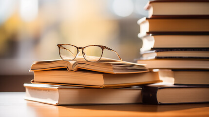 A stack of books and a pair of glasses . Blurred background